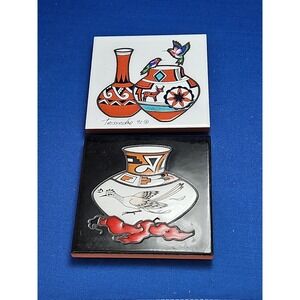 2 Cleo Teissedre Native American Tiles Hummingbirds Indian Pottery Roadrunner 4"